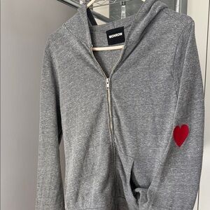 Monrow Gray Hoodie with a Red Heart on the Sleeve